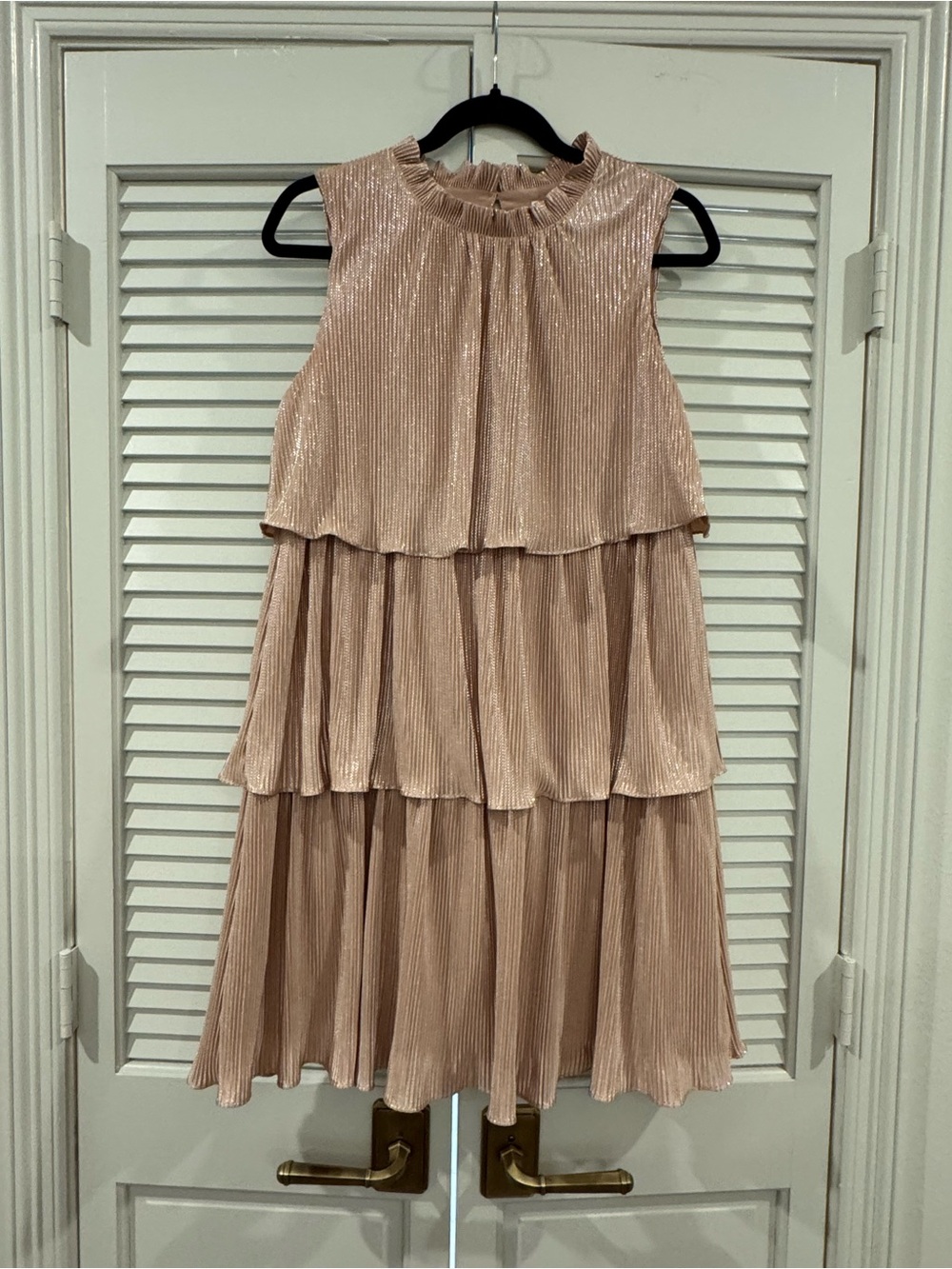 Tiered Metallic Blush Mini Dress - Sleeveless Ruffle Neck